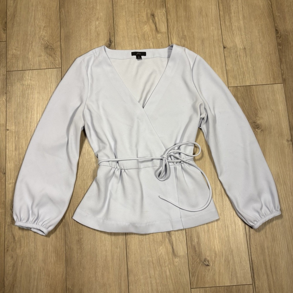 J CREW Drapey Crepe Faux Wrap Top Pale Blue Office Preppy‎ Sz 10 Long Sleeve V